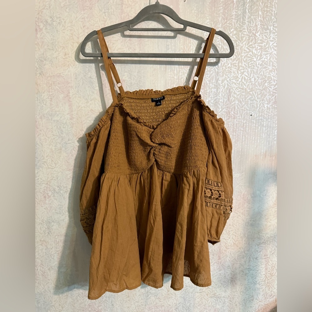 Torrid Tan Smocked Off The Shoulder Blouse with Swiss Dots And Lace Detail, Sz 1
